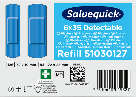 Cederroth Blue Detectable Plastic Plasters, 35 pcs/refill, 6 refills/box