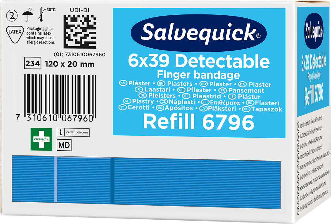 Salvequick Blue Detectable Fingertip Plasters, 39 per refill, 6 refills per box