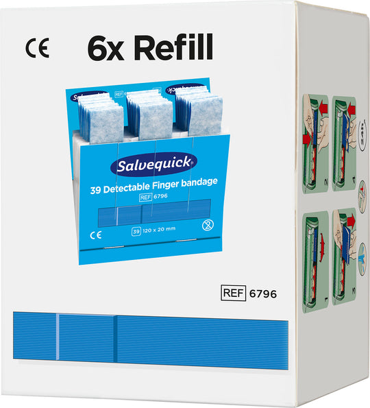 Salvequick Blue Detectable Fingertip Plasters, 39 per refill, 6 refills per box